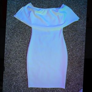 White body-con off the shoulder dress